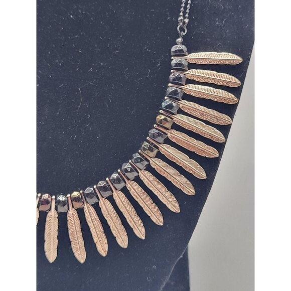 Charming Charlie Black Gold Tone Feather Dangle Fringe Statement Necklace - Picture 2 of 7